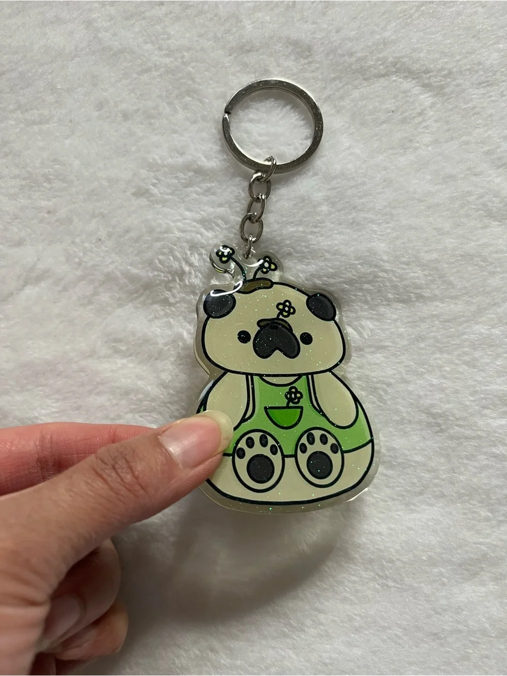 Pug fawn Cute Green Pug Keychain pet glitter acrylic